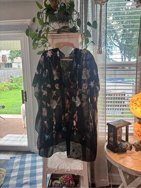 Avenue Black Sheer Floral Embroidered Wrap with Metallic Accents